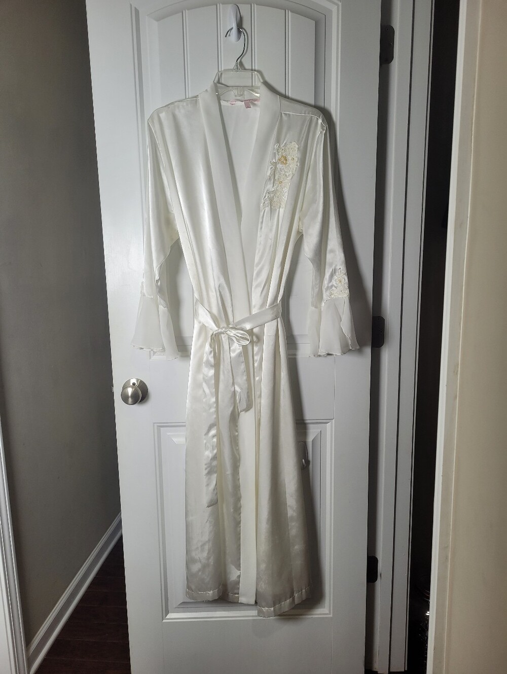Bella Nuit Intimates Ivory Satin Embroidered  Long Robe with flared sleeves.